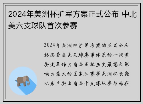 2024年美洲杯扩军方案正式公布 中北美六支球队首次参赛 2024年美洲杯扩军方案正式公布 中北美六支球队首次参赛
