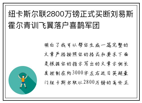 纽卡斯尔联2800万镑正式买断刘易斯霍尔青训飞翼落户喜鹊军团 纽卡斯尔联2800万镑正式买断刘易斯霍尔青训飞翼落户喜鹊军团