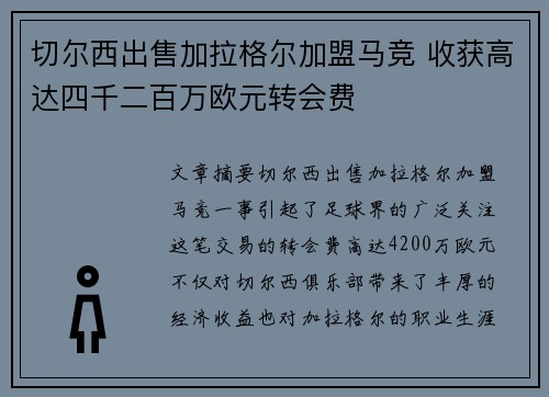 切尔西出售加拉格尔加盟马竞 收获高达四千二百万欧元转会费